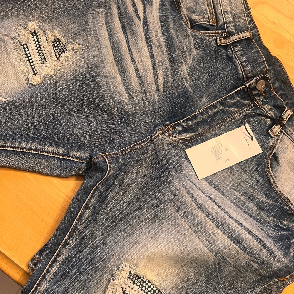 Dope- Men’s Distressed Blue Jeans with Studded Accents 38 short